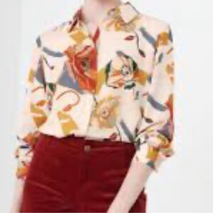 CLEO Floral Print Women's Top relaxed fit crepe blouse button up cream brown XL